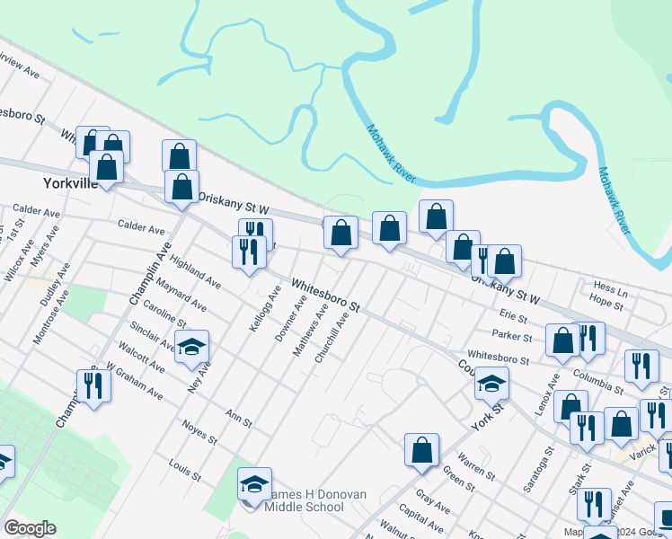 map of restaurants, bars, coffee shops, grocery stores, and more near 102 Mathews Avenue in Utica