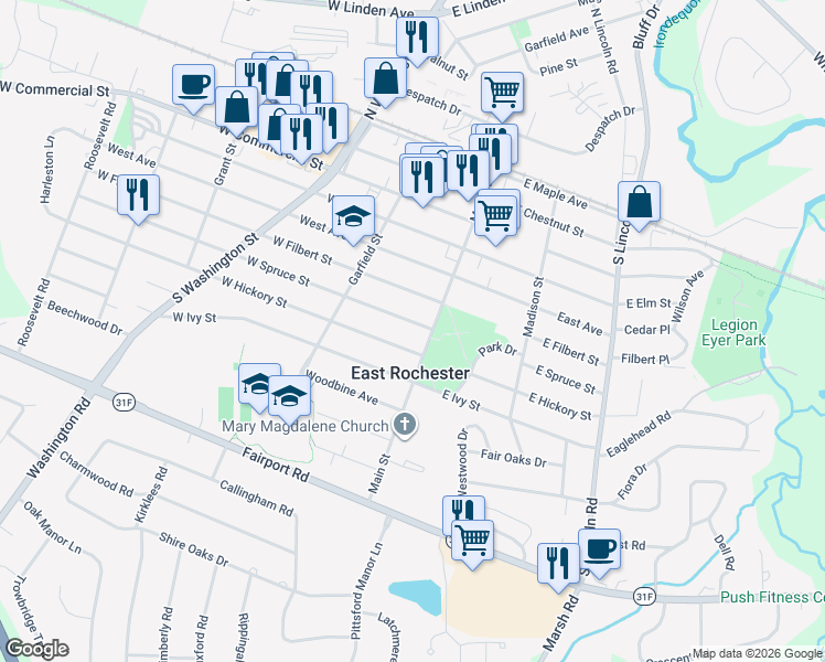 map of restaurants, bars, coffee shops, grocery stores, and more near 611 Main Street in East Rochester