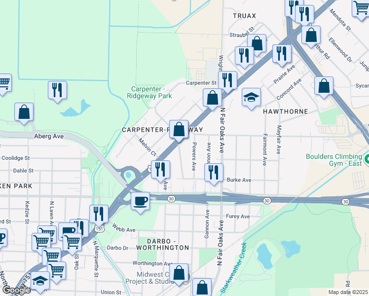 map of restaurants, bars, coffee shops, grocery stores, and more near 3225 East Washington Avenue in Madison