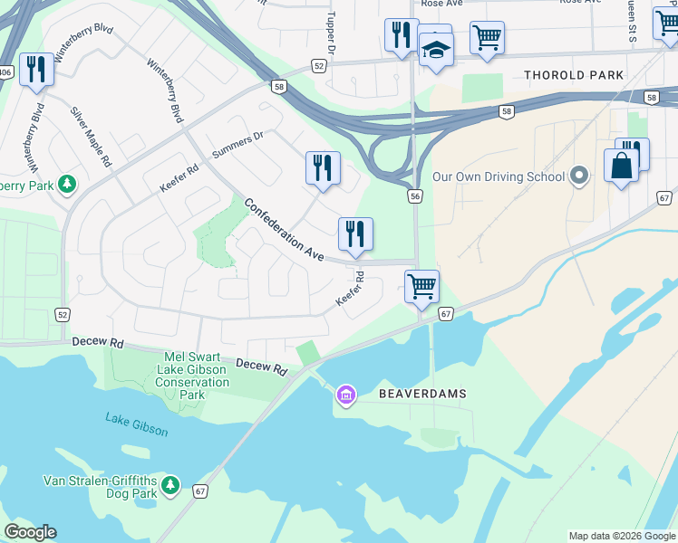 map of restaurants, bars, coffee shops, grocery stores, and more near 19 Rannie Court in Thorold