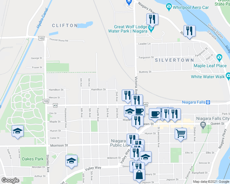 map of restaurants, bars, coffee shops, grocery stores, and more near 4413 2nd Avenue in Niagara Falls