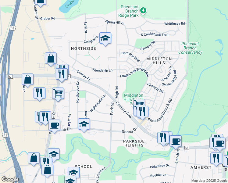 map of restaurants, bars, coffee shops, grocery stores, and more near 3308 High Road in Middleton