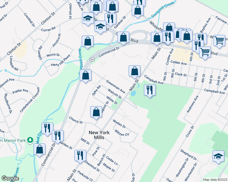 map of restaurants, bars, coffee shops, grocery stores, and more near 28 Walcott Street in New York Mills
