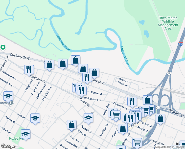 map of restaurants, bars, coffee shops, grocery stores, and more near 1400 Oriskany St W in Utica