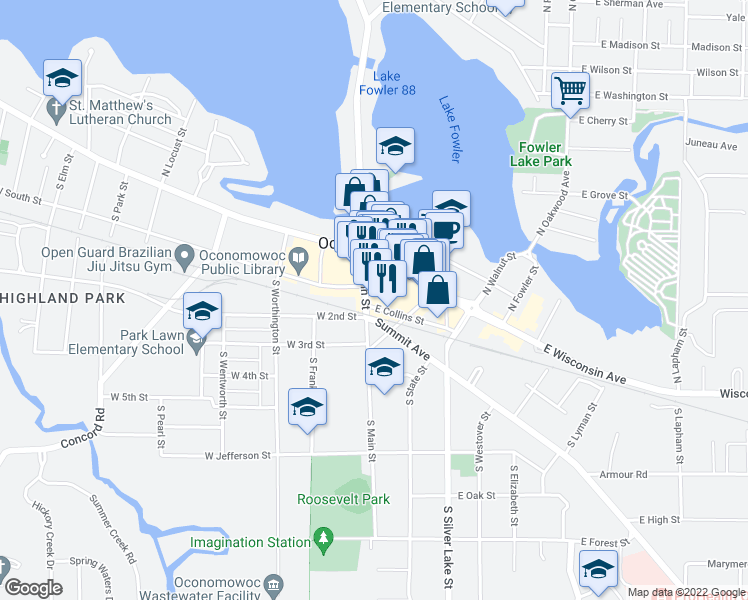 map of restaurants, bars, coffee shops, grocery stores, and more near 113-115 South Main Street in Oconomowoc