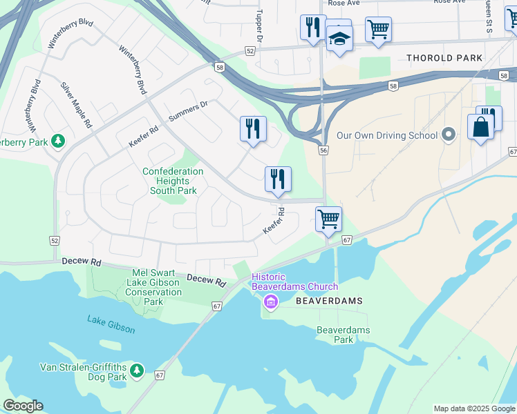 map of restaurants, bars, coffee shops, grocery stores, and more near 13 Rannie Court in Thorold