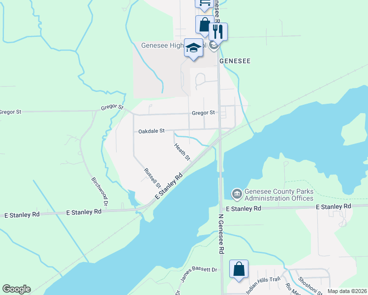 map of restaurants, bars, coffee shops, grocery stores, and more near 7132 Heath Street in Genesee charter Township