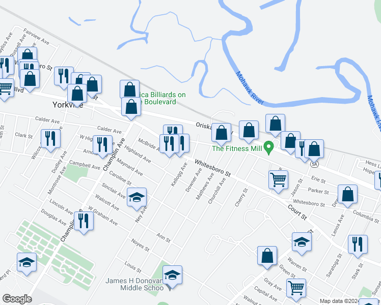 map of restaurants, bars, coffee shops, grocery stores, and more near 2101 Whitesboro Street in Utica