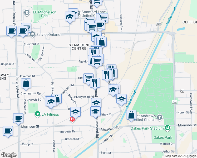 map of restaurants, bars, coffee shops, grocery stores, and more near in Niagara Falls