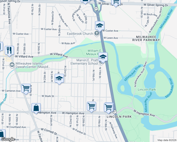 map of restaurants, bars, coffee shops, grocery stores, and more near 5084 North 20th Street in Milwaukee