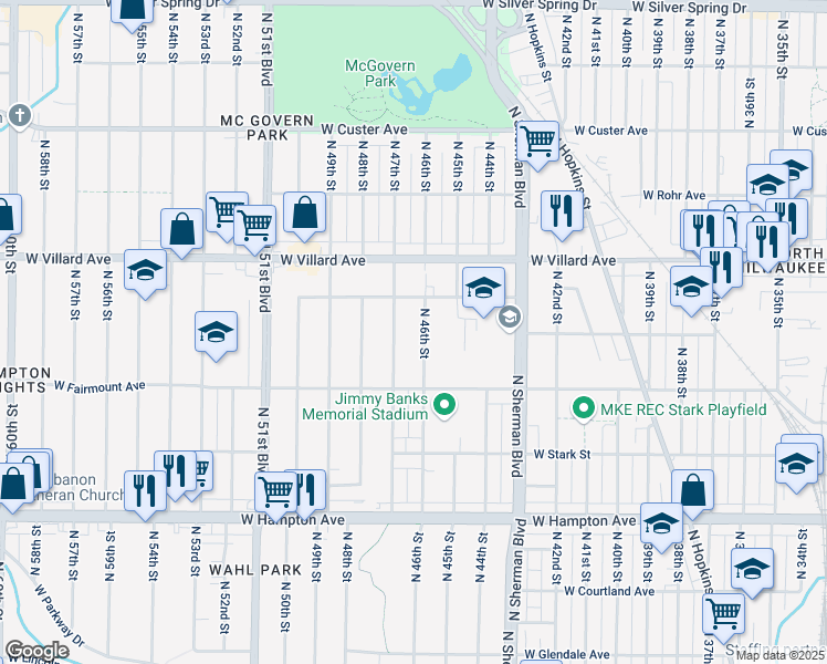 map of restaurants, bars, coffee shops, grocery stores, and more near 5105-5107 North 46th Street in Milwaukee