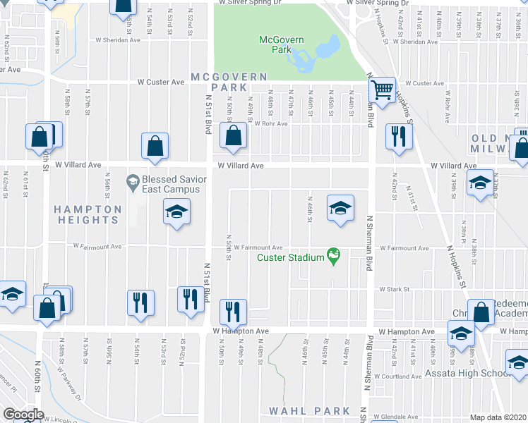 map of restaurants, bars, coffee shops, grocery stores, and more near 5076 North 49th Street in Milwaukee