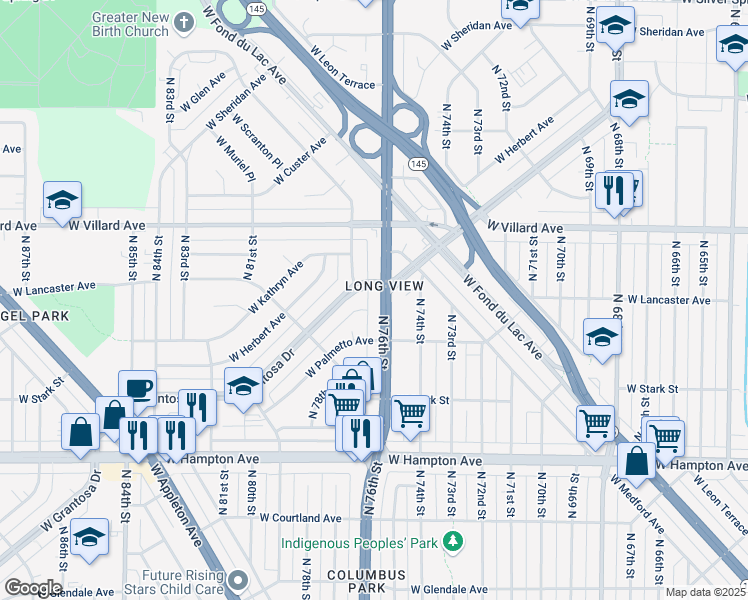 map of restaurants, bars, coffee shops, grocery stores, and more near 5063 North 76th Street in Milwaukee