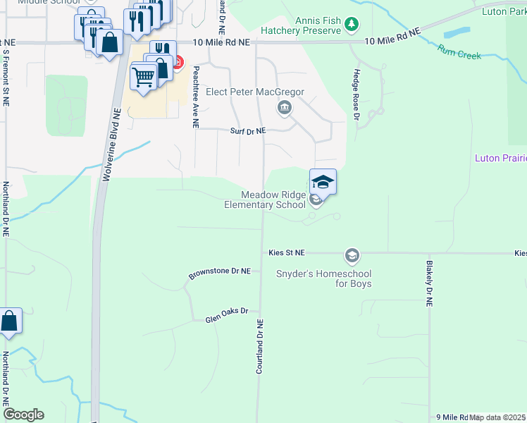 map of restaurants, bars, coffee shops, grocery stores, and more near 8100 Courtland Drive Northeast in Rockford
