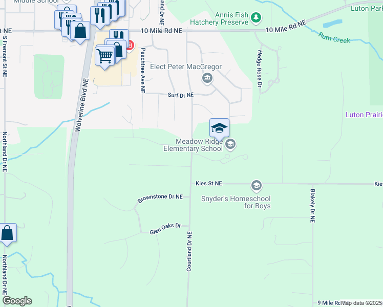 map of restaurants, bars, coffee shops, grocery stores, and more near 8100 Courtland Drive Northeast in Rockford