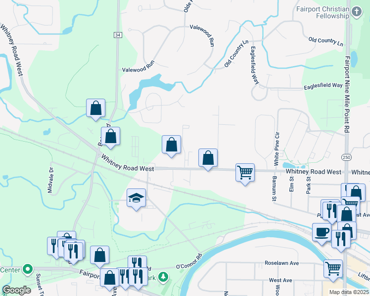 map of restaurants, bars, coffee shops, grocery stores, and more near 100 Whitney Road in Fairport