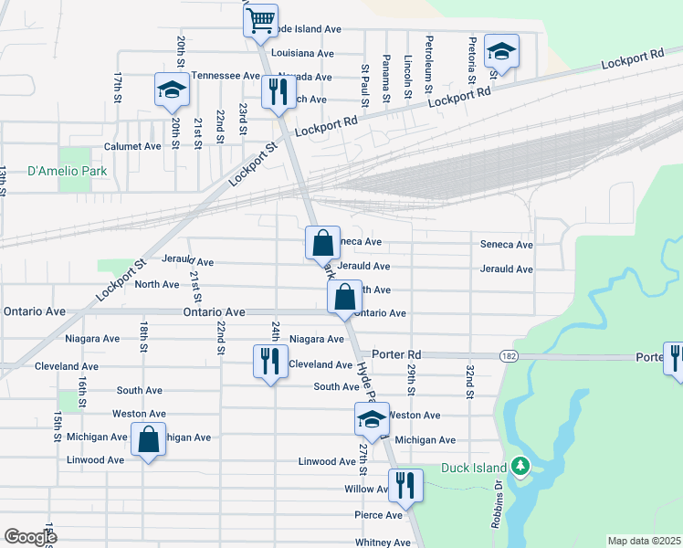 map of restaurants, bars, coffee shops, grocery stores, and more near 2323 Hyde Park Boulevard in Niagara Falls