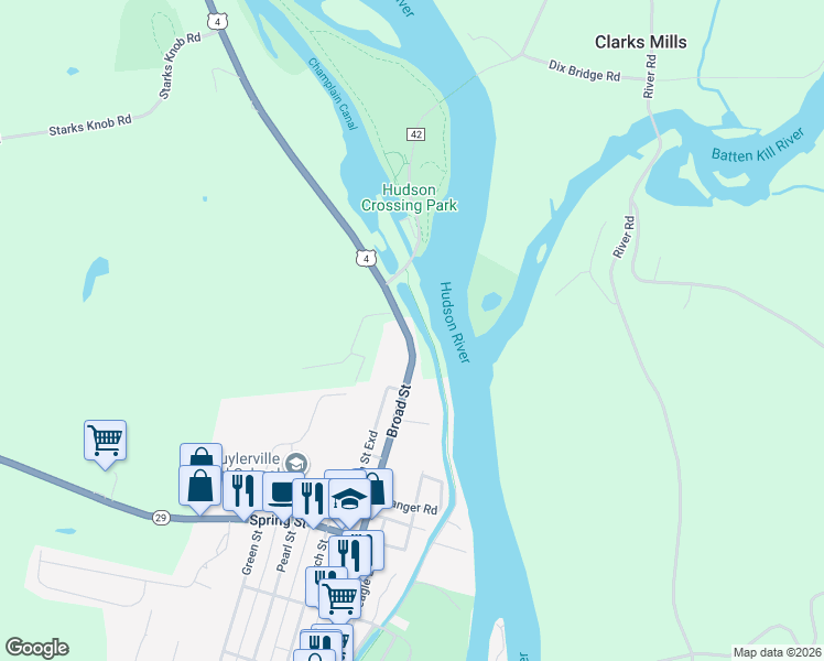 map of restaurants, bars, coffee shops, grocery stores, and more near 268 Broad Street in Schuylerville