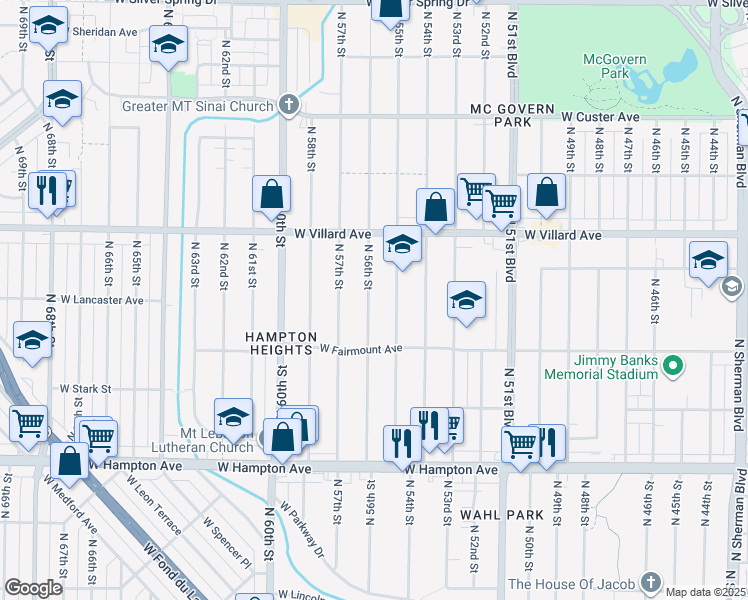 map of restaurants, bars, coffee shops, grocery stores, and more near 5070 North 56th Street in Milwaukee