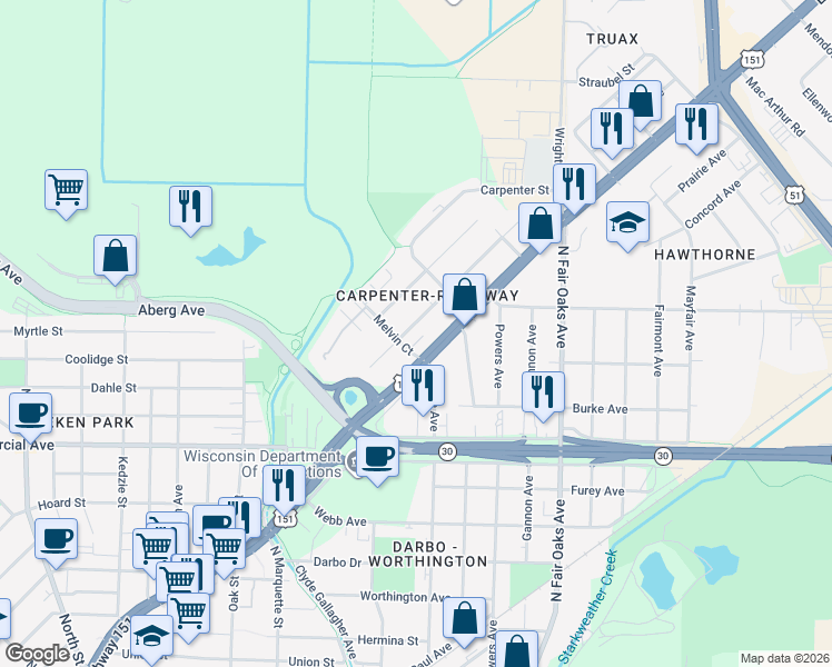 map of restaurants, bars, coffee shops, grocery stores, and more near 3209 Ridgeway Avenue in Madison