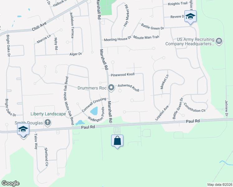 map of restaurants, bars, coffee shops, grocery stores, and more near 8 Ashwood Circle in Rochester