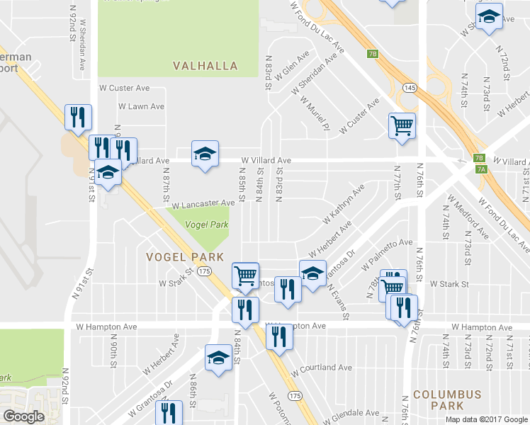 map of restaurants, bars, coffee shops, grocery stores, and more near 5062 North 84th Street in Milwaukee