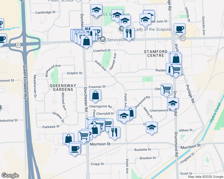 map of restaurants, bars, coffee shops, grocery stores, and more near 4383 Petrie Court in Niagara Falls