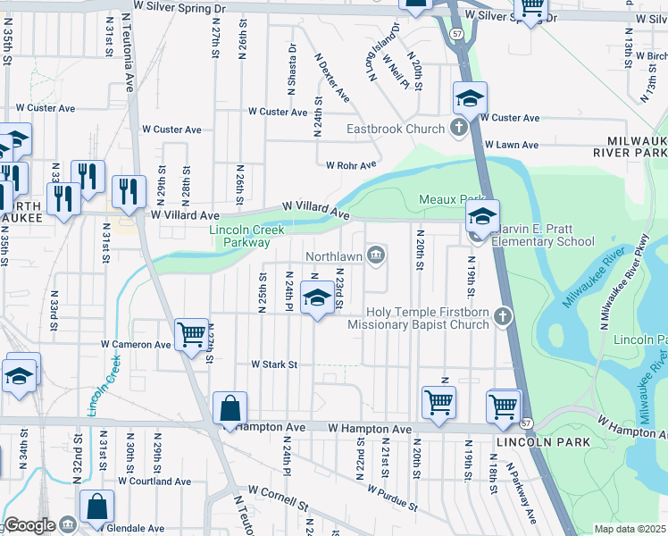 map of restaurants, bars, coffee shops, grocery stores, and more near 5077 North 23rd Street in Milwaukee