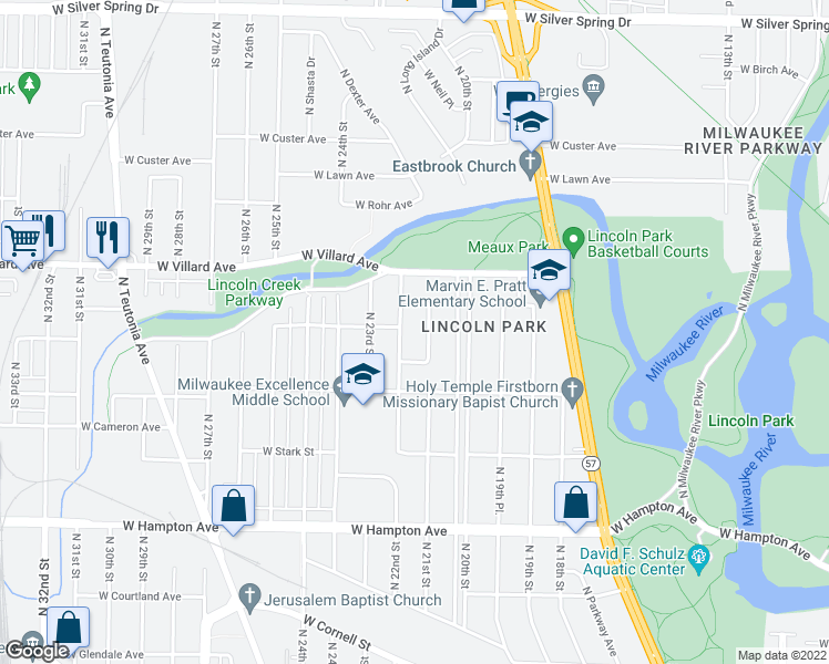 map of restaurants, bars, coffee shops, grocery stores, and more near 5145 North 20th Street in Milwaukee