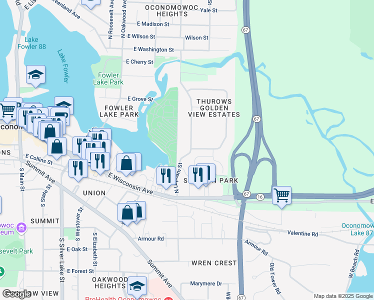map of restaurants, bars, coffee shops, grocery stores, and more near 200 North Lapham Street in Oconomowoc