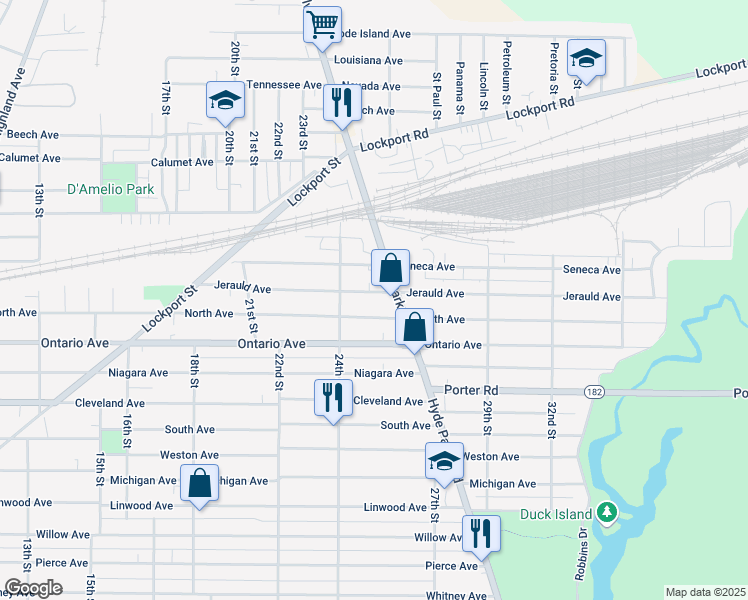 map of restaurants, bars, coffee shops, grocery stores, and more near 2435 Jerauld Avenue in Niagara Falls