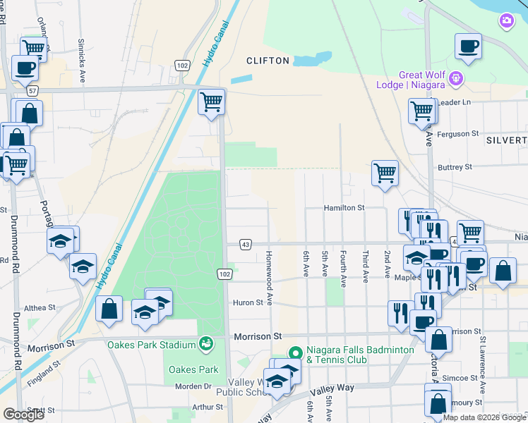 map of restaurants, bars, coffee shops, grocery stores, and more near 4397 Homewood Avenue in Niagara Falls