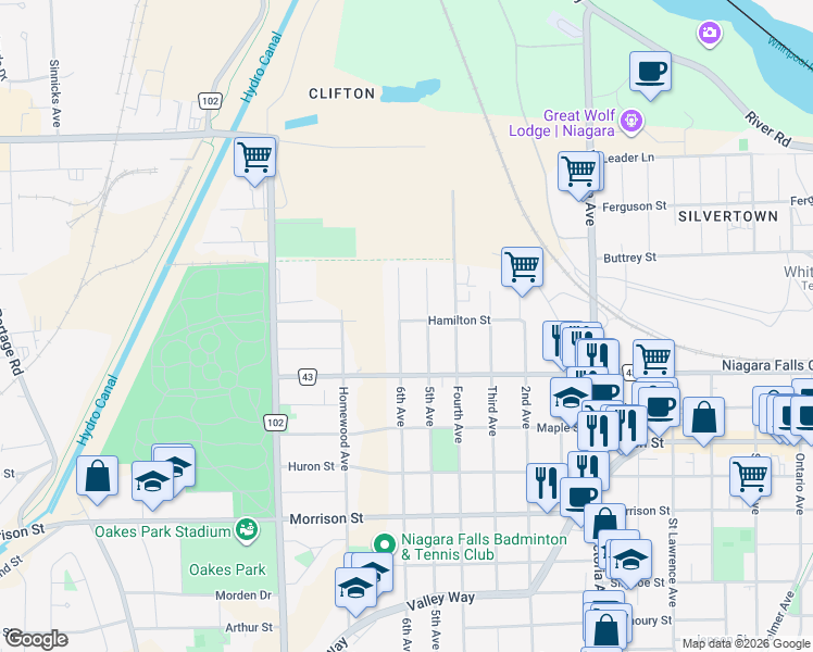 map of restaurants, bars, coffee shops, grocery stores, and more near 5192 Hamilton Street in Niagara Falls