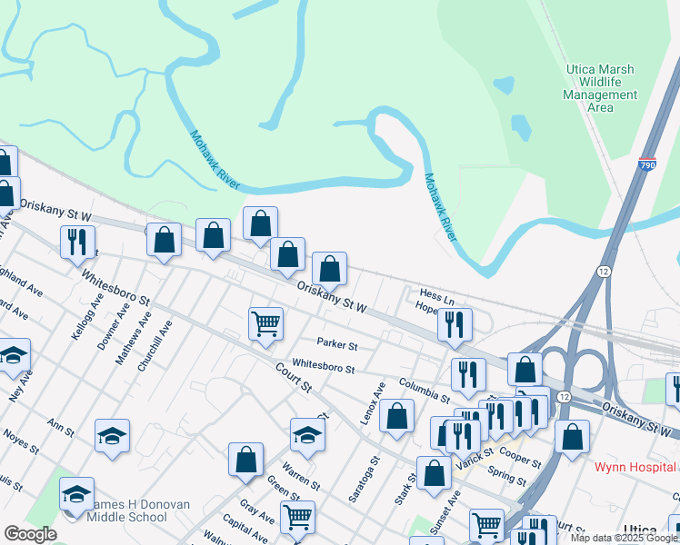 map of restaurants, bars, coffee shops, grocery stores, and more near 1400 Oriskany St W in Utica