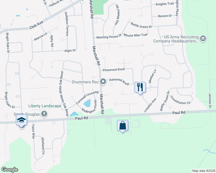 map of restaurants, bars, coffee shops, grocery stores, and more near 8 Ashwood Circle in Rochester