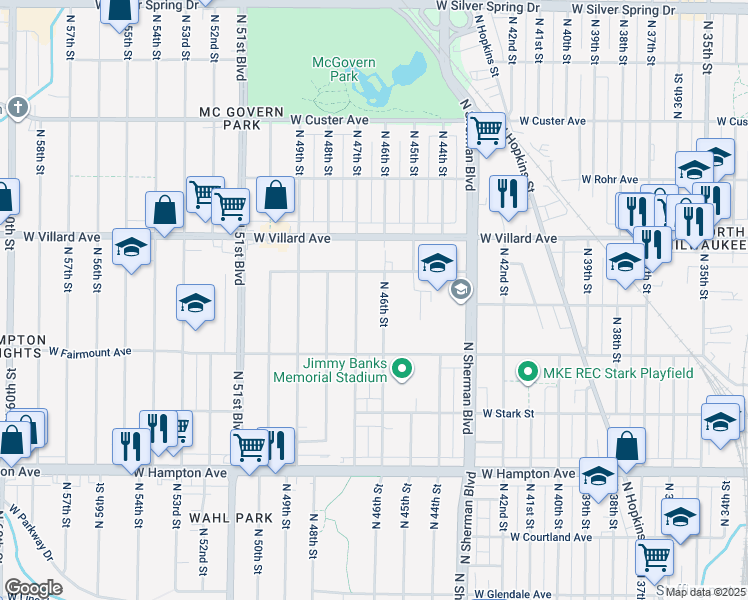 map of restaurants, bars, coffee shops, grocery stores, and more near 5105-5107 North 46th Street in Milwaukee