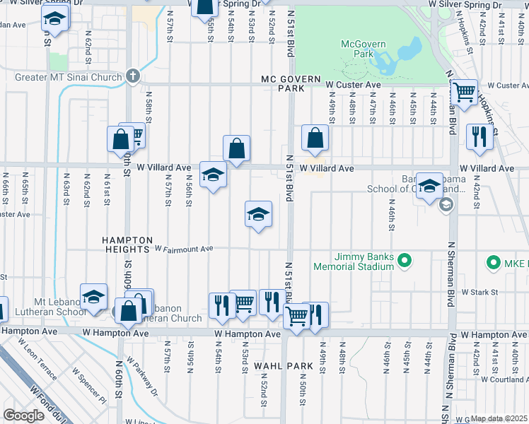 map of restaurants, bars, coffee shops, grocery stores, and more near 5000 N 53rd St in Milwaukee