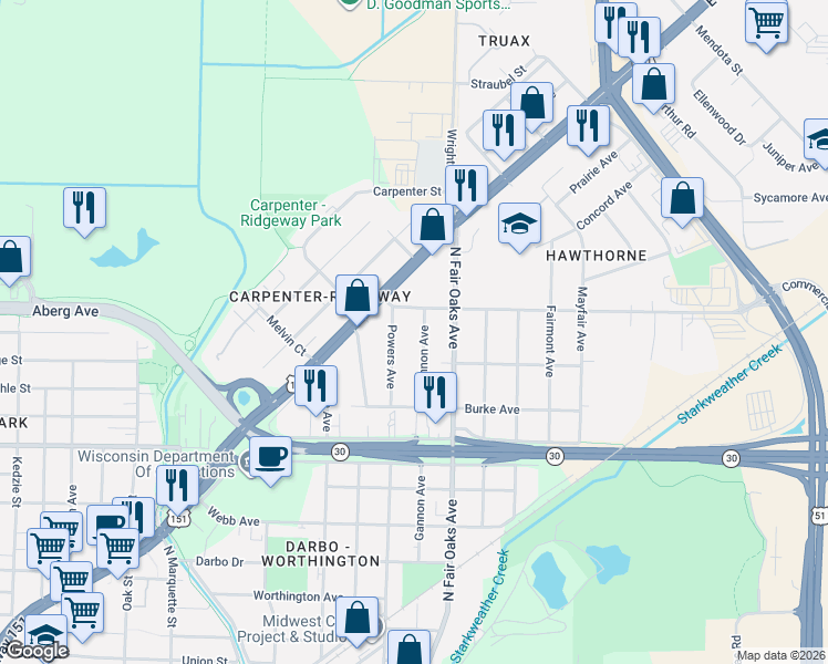 map of restaurants, bars, coffee shops, grocery stores, and more near 817 Powers Avenue in Madison
