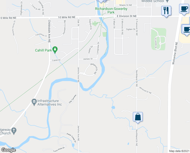 map of restaurants, bars, coffee shops, grocery stores, and more near 4367 Millpond Drive Northeast in Rockford