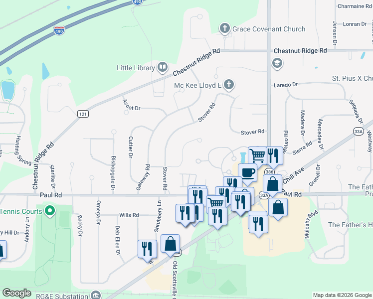 map of restaurants, bars, coffee shops, grocery stores, and more near 22 Wethersfield Road in Rochester