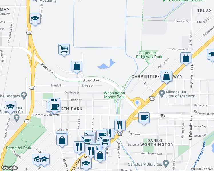 map of restaurants, bars, coffee shops, grocery stores, and more near 914 North Oak Street in Madison