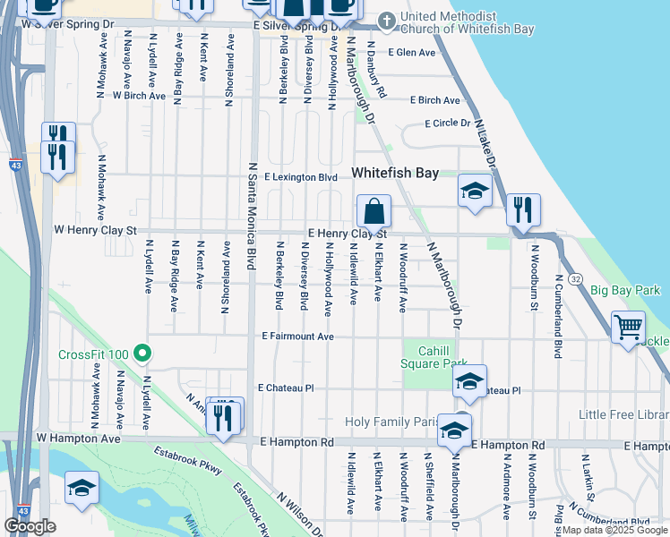 map of restaurants, bars, coffee shops, grocery stores, and more near 5124 North Hollywood Avenue in Whitefish Bay