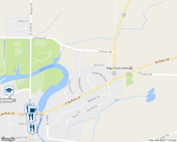 map of restaurants, bars, coffee shops, grocery stores, and more near 145 Greenway Boulevard in Churchville