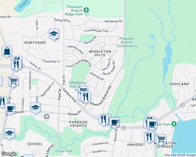 map of restaurants, bars, coffee shops, grocery stores, and more near 3322 Glacier Ridge Road in Middleton