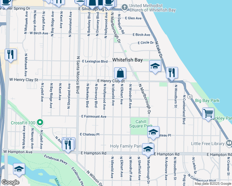map of restaurants, bars, coffee shops, grocery stores, and more near 5124 North Idlewild Avenue in Whitefish Bay
