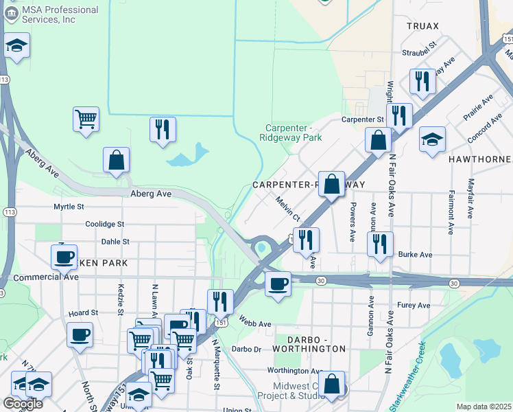 map of restaurants, bars, coffee shops, grocery stores, and more near 99 Ridgeview Court in Madison
