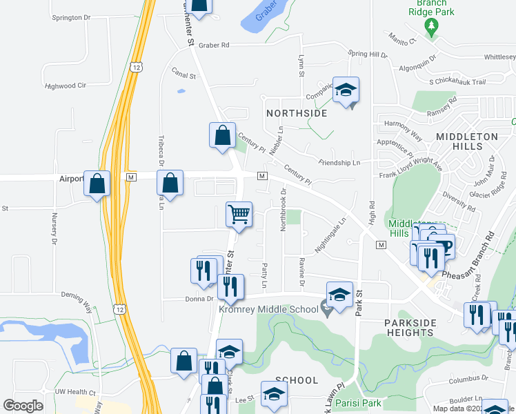 map of restaurants, bars, coffee shops, grocery stores, and more near 7318 Mockingbird Lane in Middleton