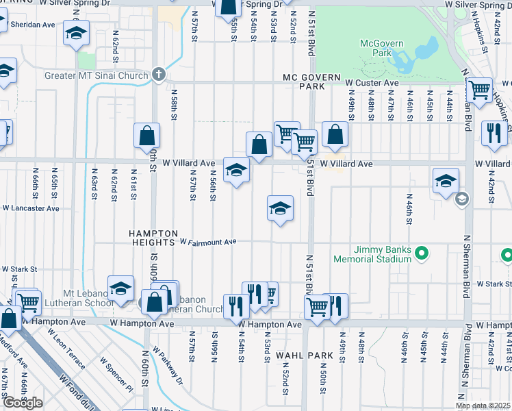 map of restaurants, bars, coffee shops, grocery stores, and more near 5078 North 54th Street in Milwaukee