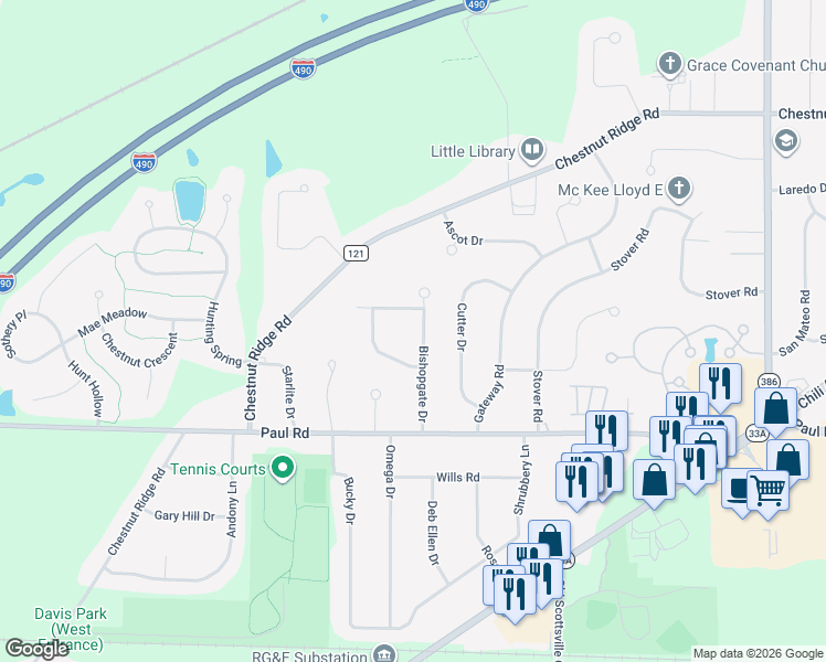 map of restaurants, bars, coffee shops, grocery stores, and more near 23 Bishopgate Drive in Rochester