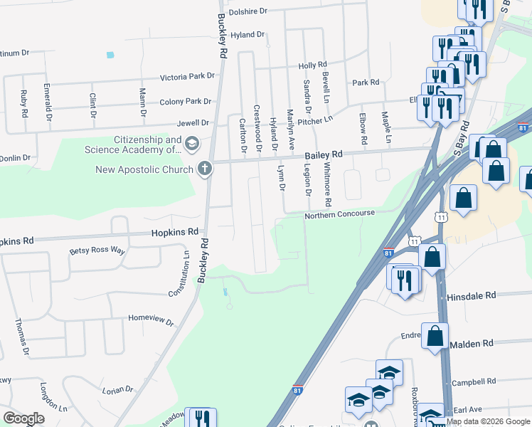 map of restaurants, bars, coffee shops, grocery stores, and more near 121 Orchard Drive East in Syracuse